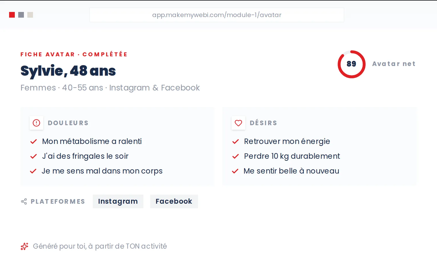 Écran de MakeMyWebi : une fiche avatar client complétée