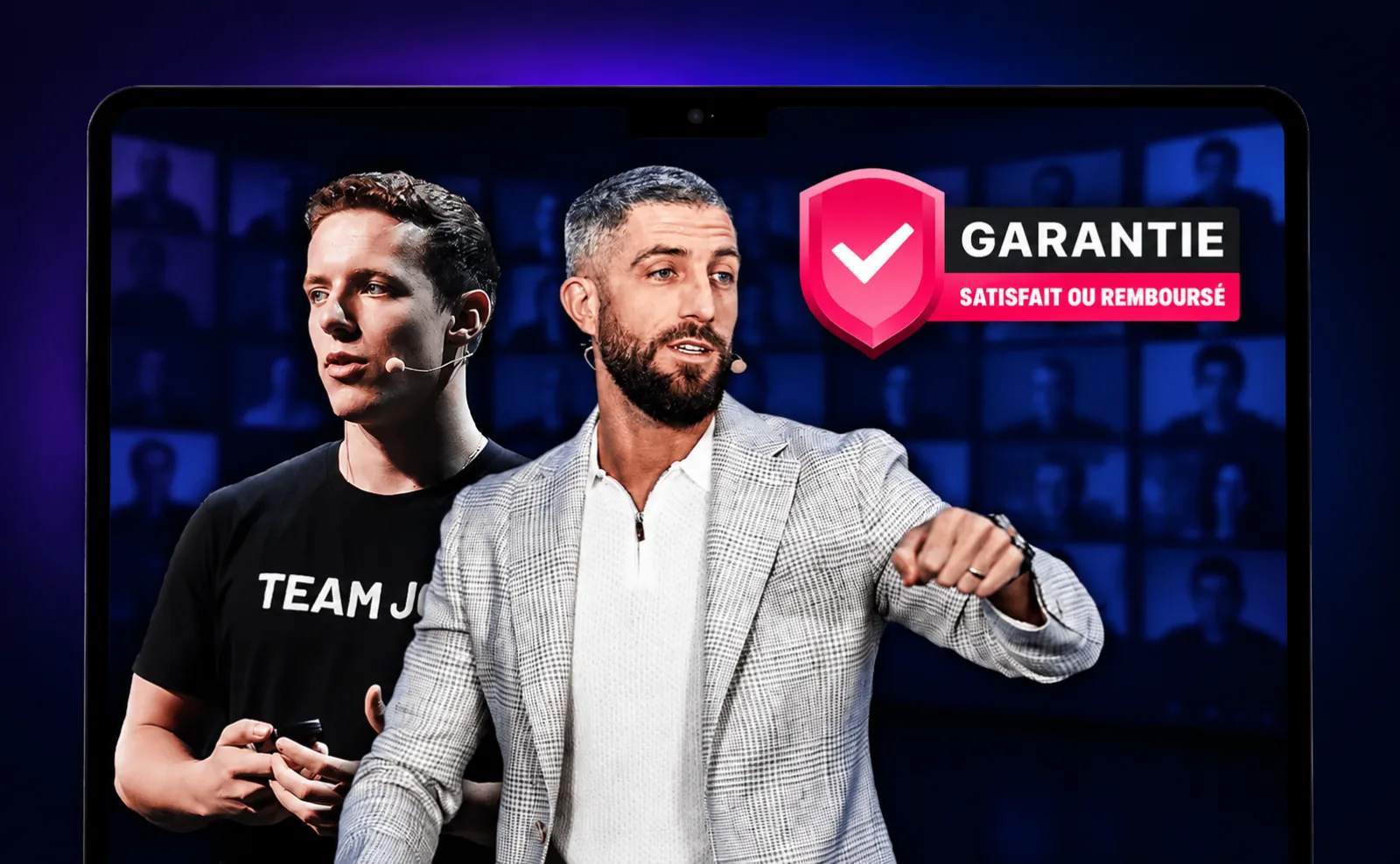Le badge garantie satisfait ou remboursé, avec Jean et Jody sur scène